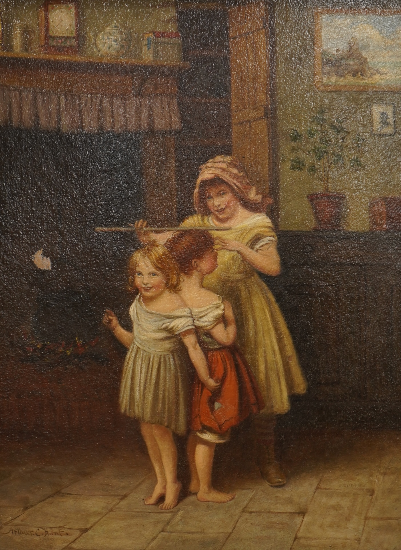 Arthur C Hunt (fl.1863-1902), Children measuring their height, signed, oil on panel, 36 x 27cm, gilt framed